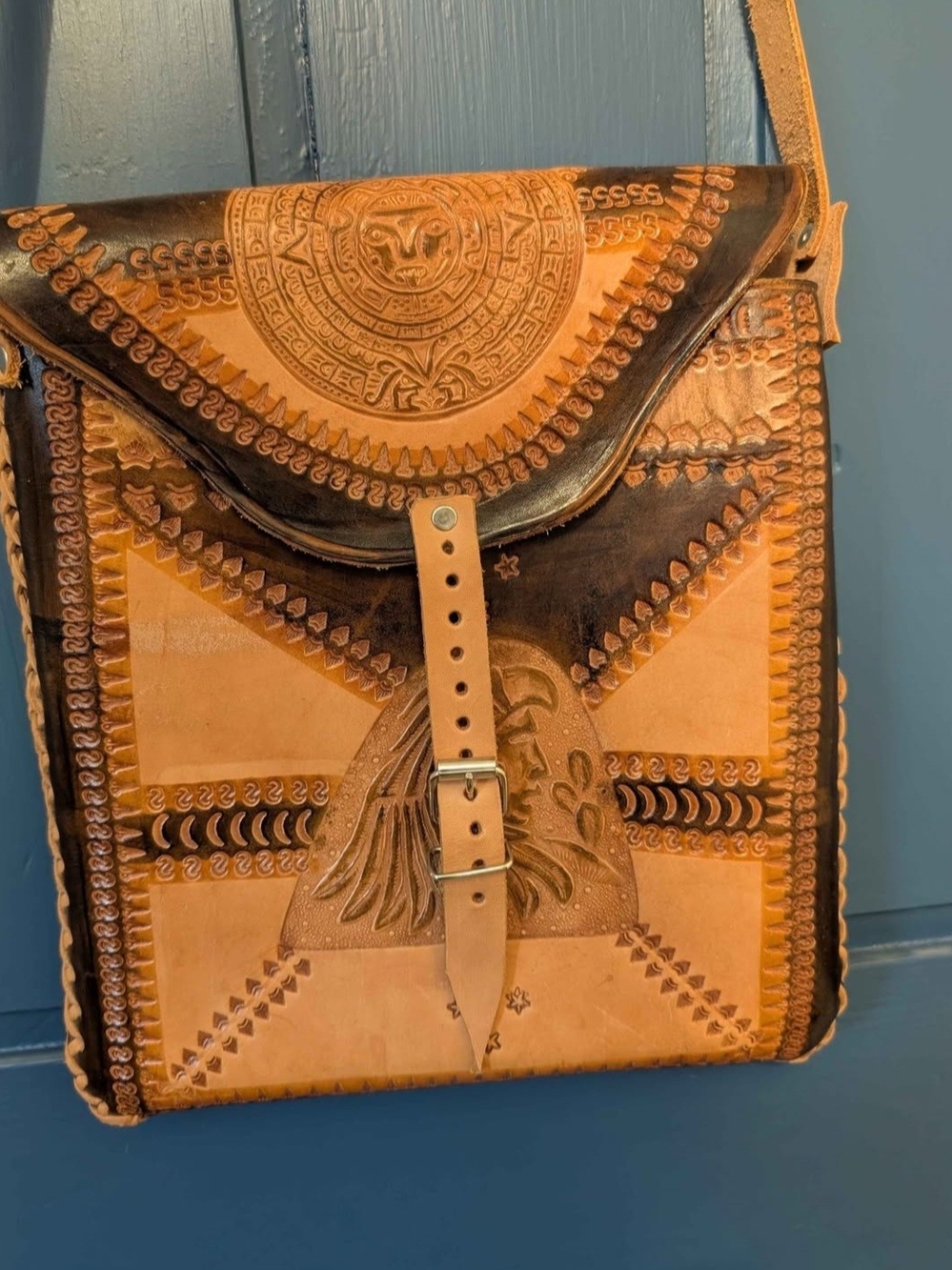Vintage Handcrafted Brown Tooled Leather Crossbody Bag